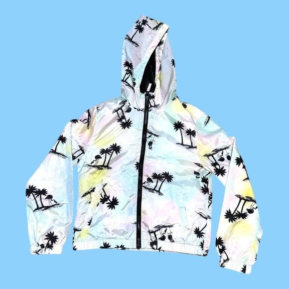 Justice Girls Size 12 Hooded Windbreaker Jacket Palm Tree Print Tropical Hoodie - Picture 1 of 4